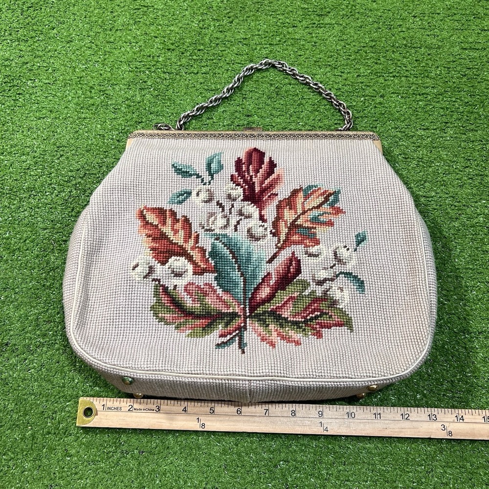 Vintage Floral Cross Stitch Purse Clasp LG‎ Needlepoint Tapestry Flowers 70s
